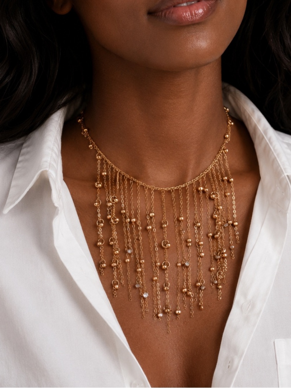 New! Gold Chain Beaded Bib Statement Necklace NWOT (3028)